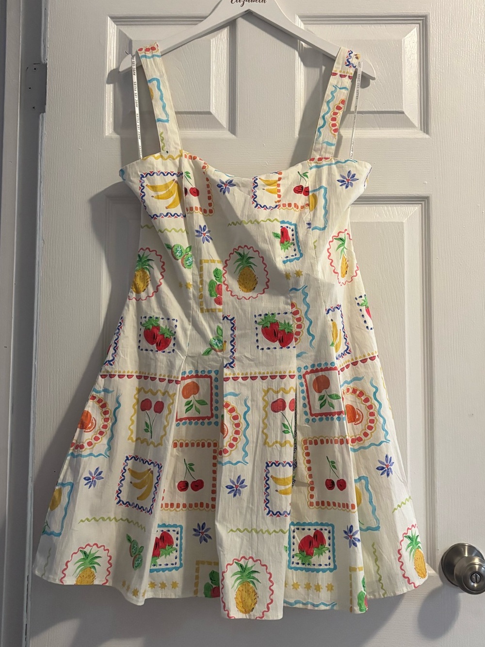 Avec Les Filles Cream Sundress with Colorful Fruit Print
